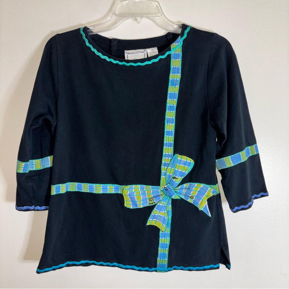 Michael Simon Lite Black 3/4 Sleeve Top Plaid Bow Appliqué Embroidered SZ Small
